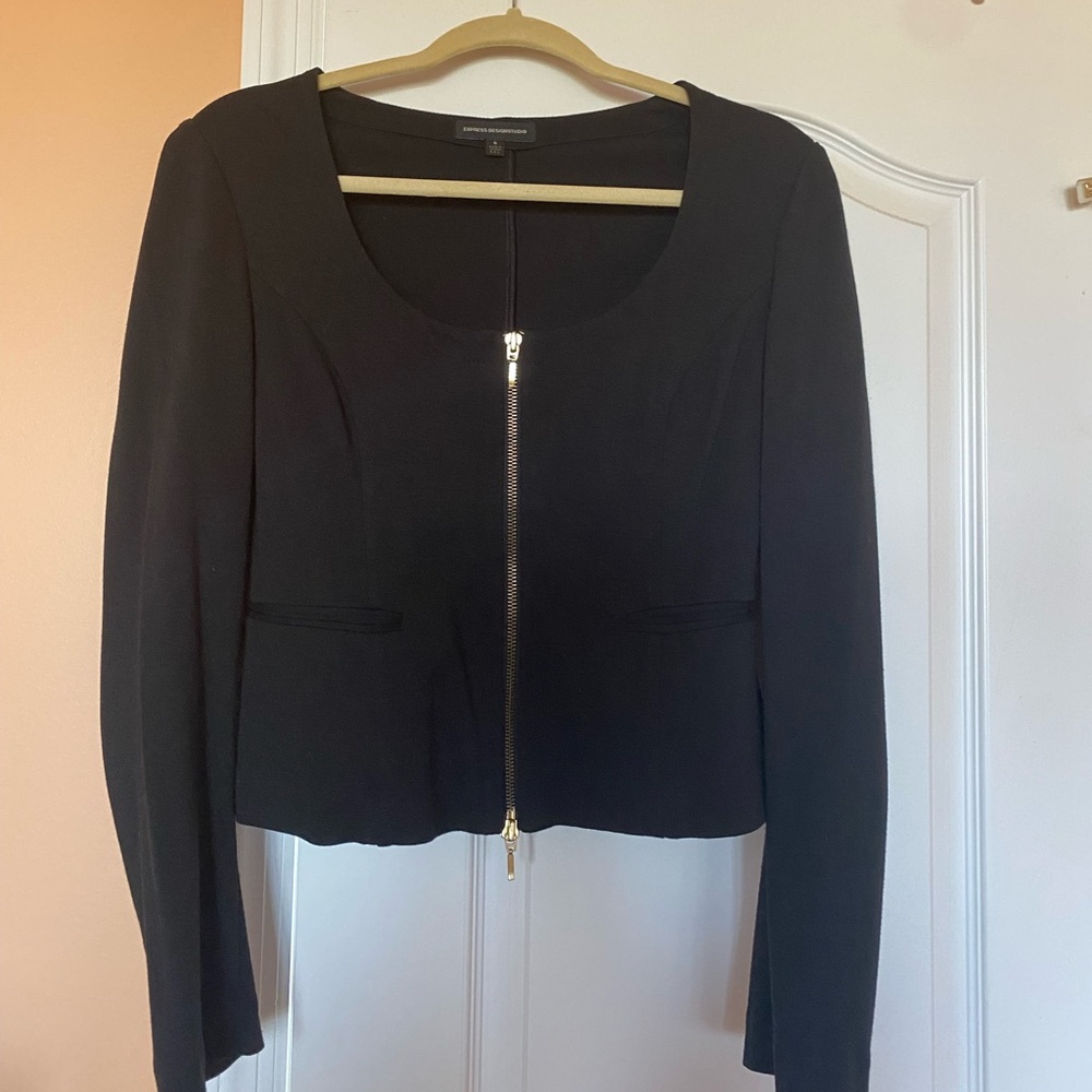 Express Design Studio Black Blazer Sweater Lady Jacket Gold Zip Sz 6!